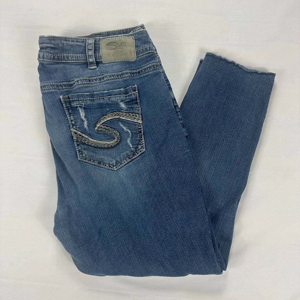 Silver Suki Skinny Crop Jeans‎ Distressed Medium Wash Stretch Womens 18 L25